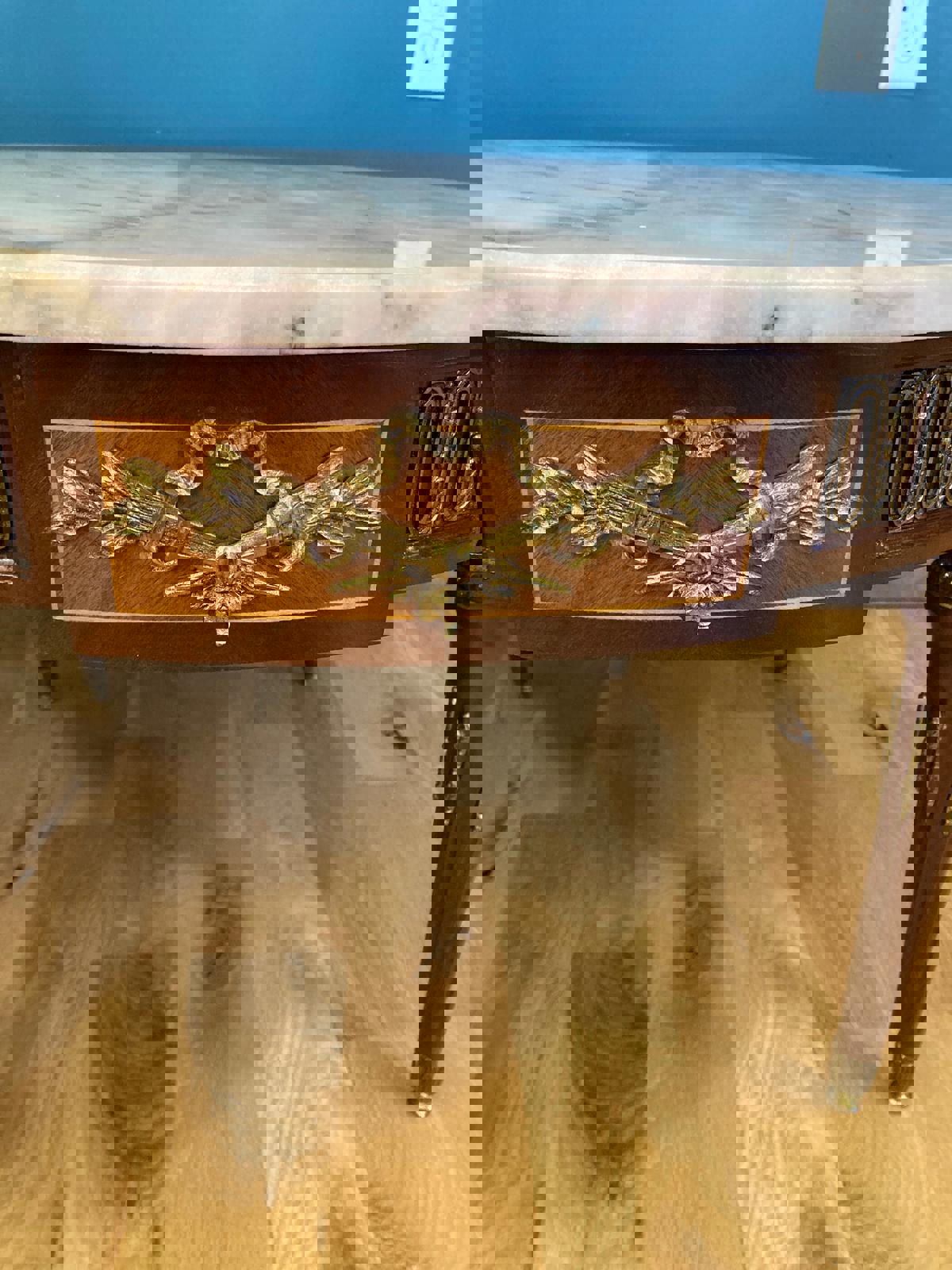 Antique Spanish Marble Topped 31.5" Round Side Table With Ornate Brass Accents