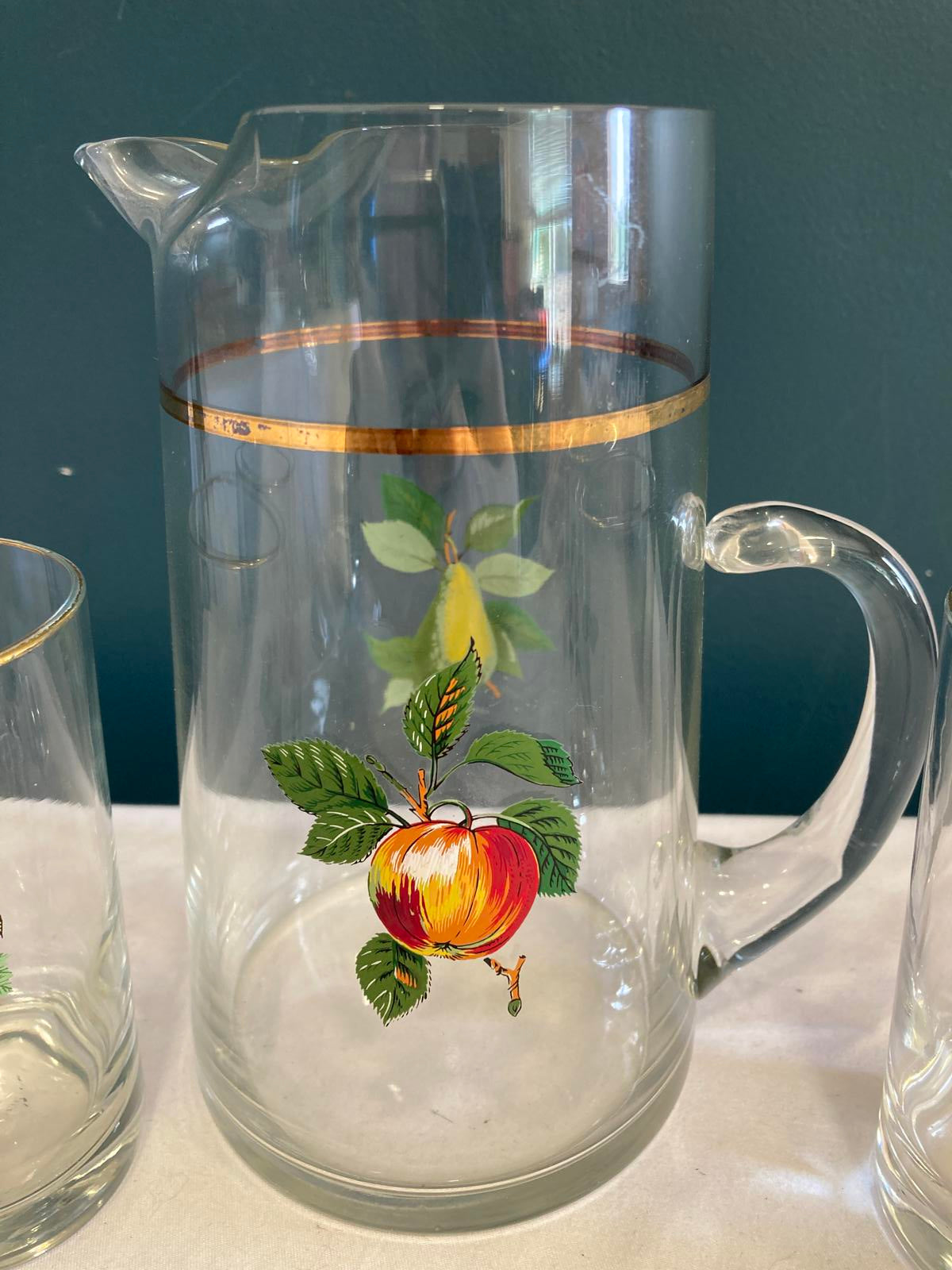 Vintage West Virginia Glass Fruit Juice Pitcher and 4 Glasses
