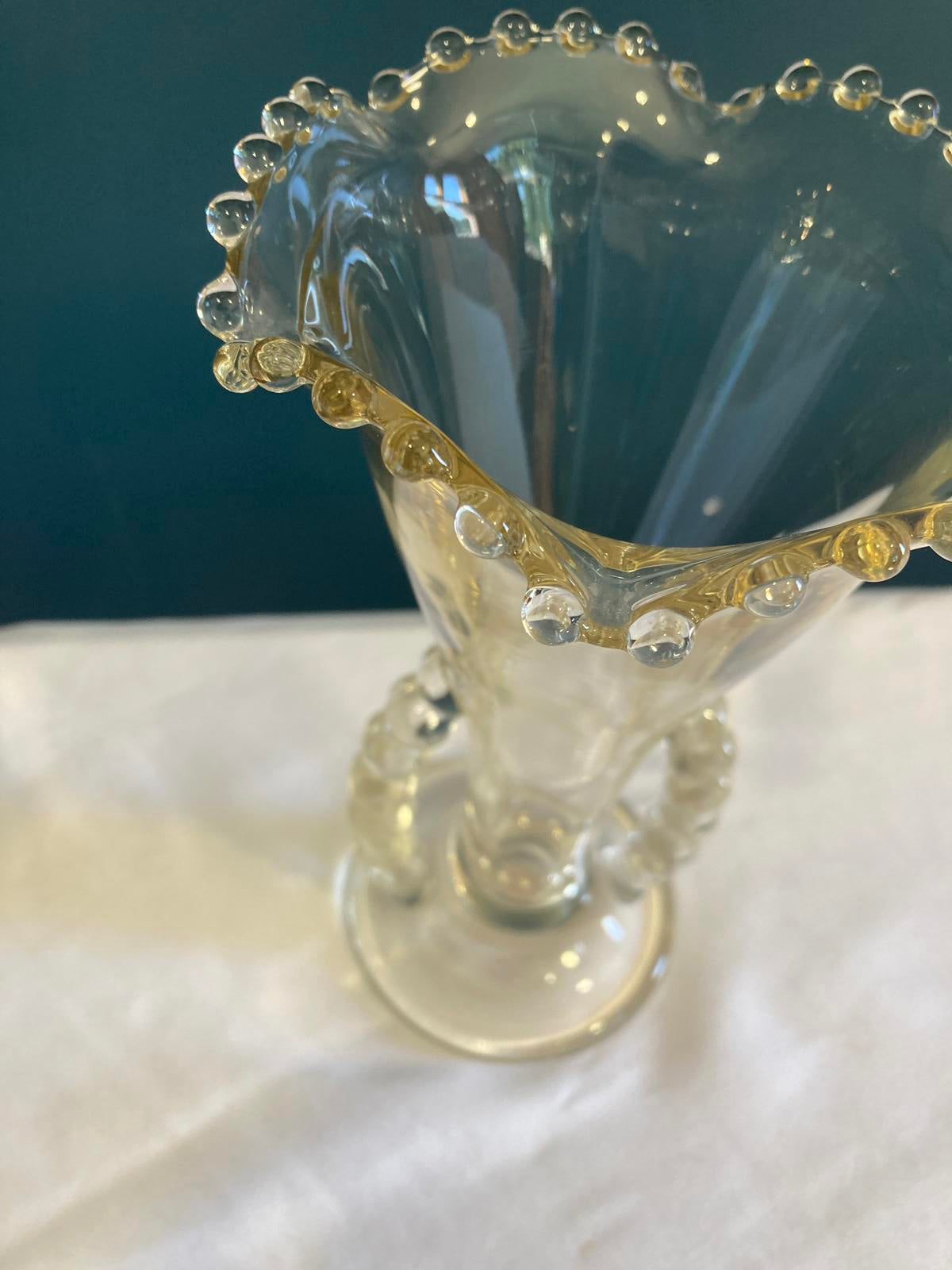 Fenton Glass Vase with Beaded Ruffled Edge and Loop Handles