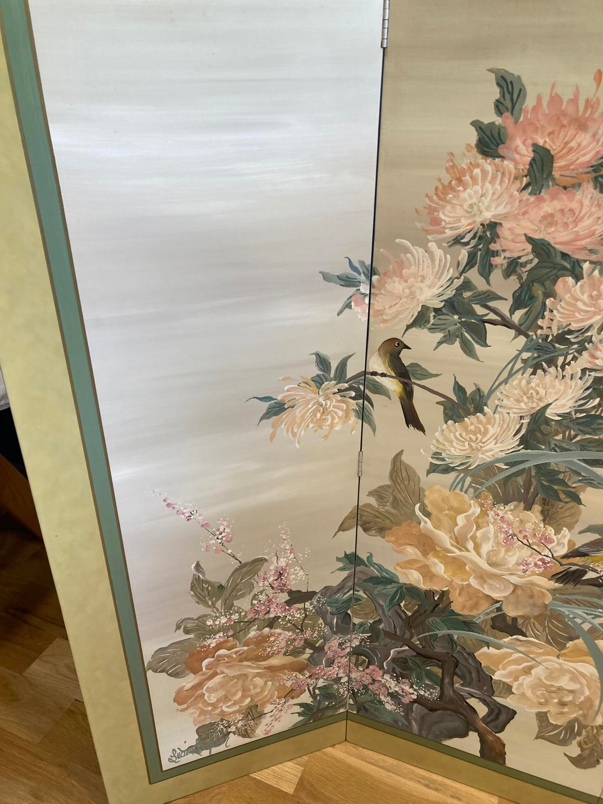 Midcentury Four Panel Wood Screen With Cranes Hand Painted by Lucien Leinfelder