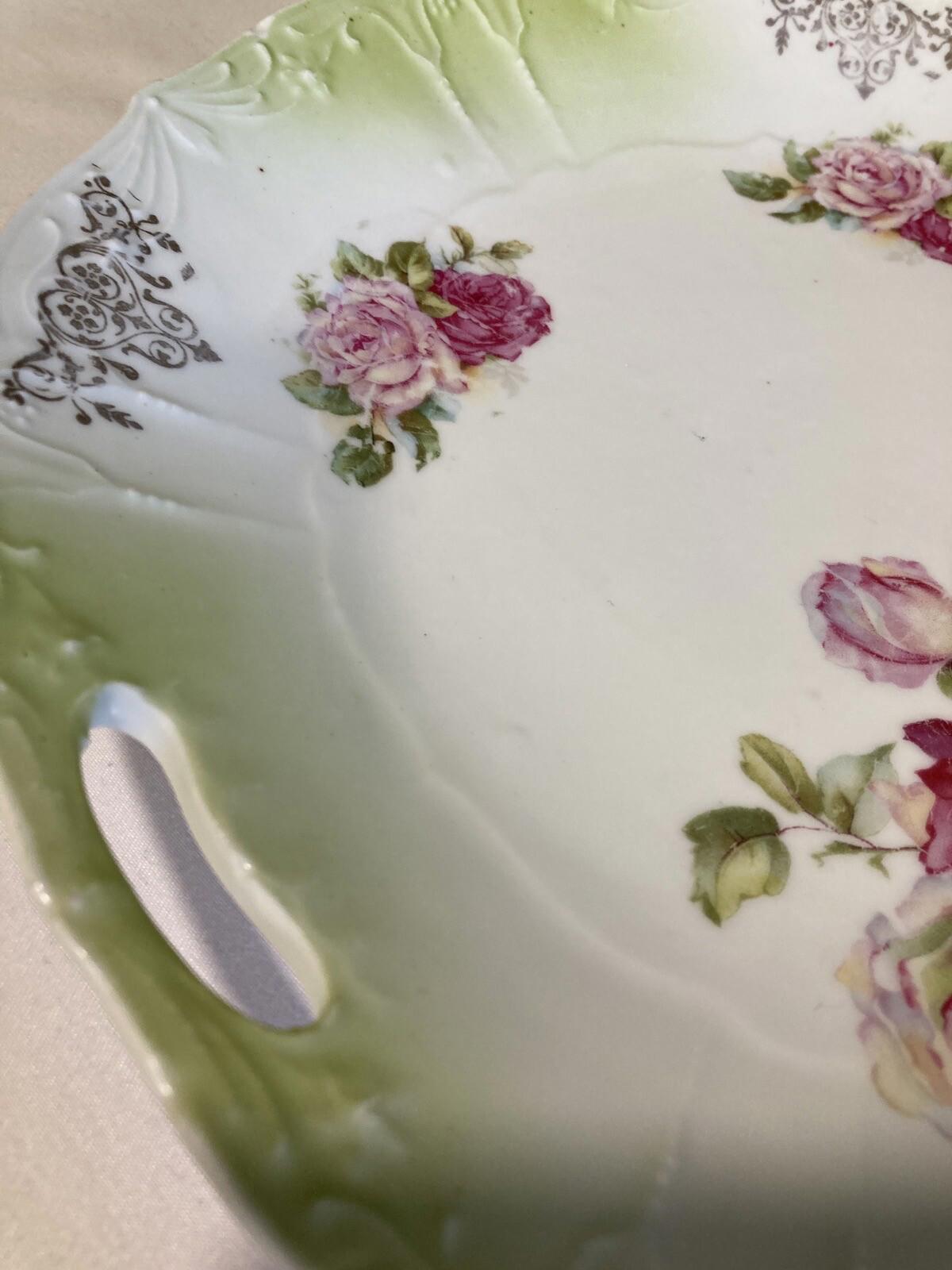 Antique Prussian Hand Painted Pink and Green Dessert Plate with Handles