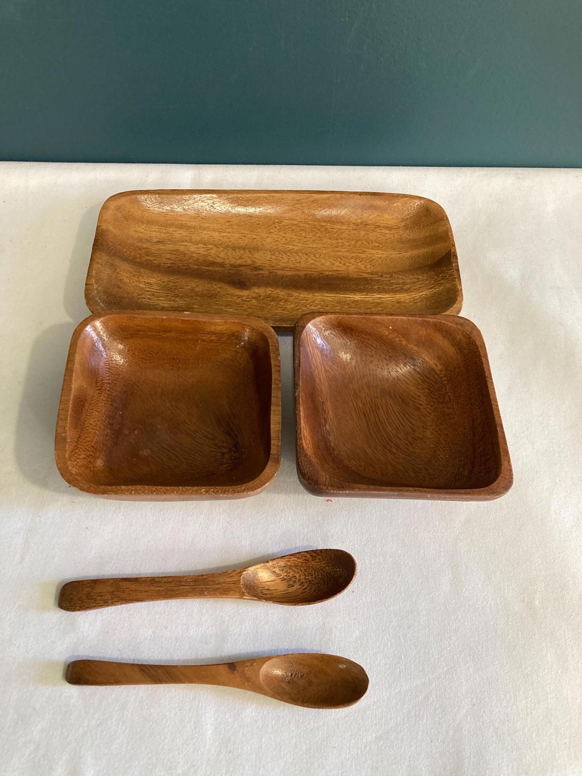 Midcentury Modern Solid Wood Condiment Bowls with Tray and Spoons