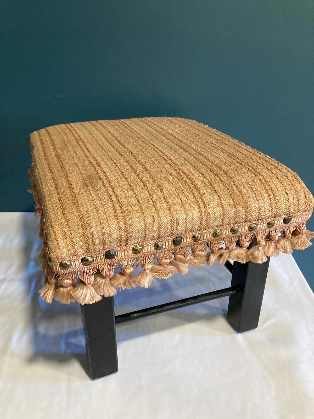 Vintage Pink Brocade Footstool with Fringe