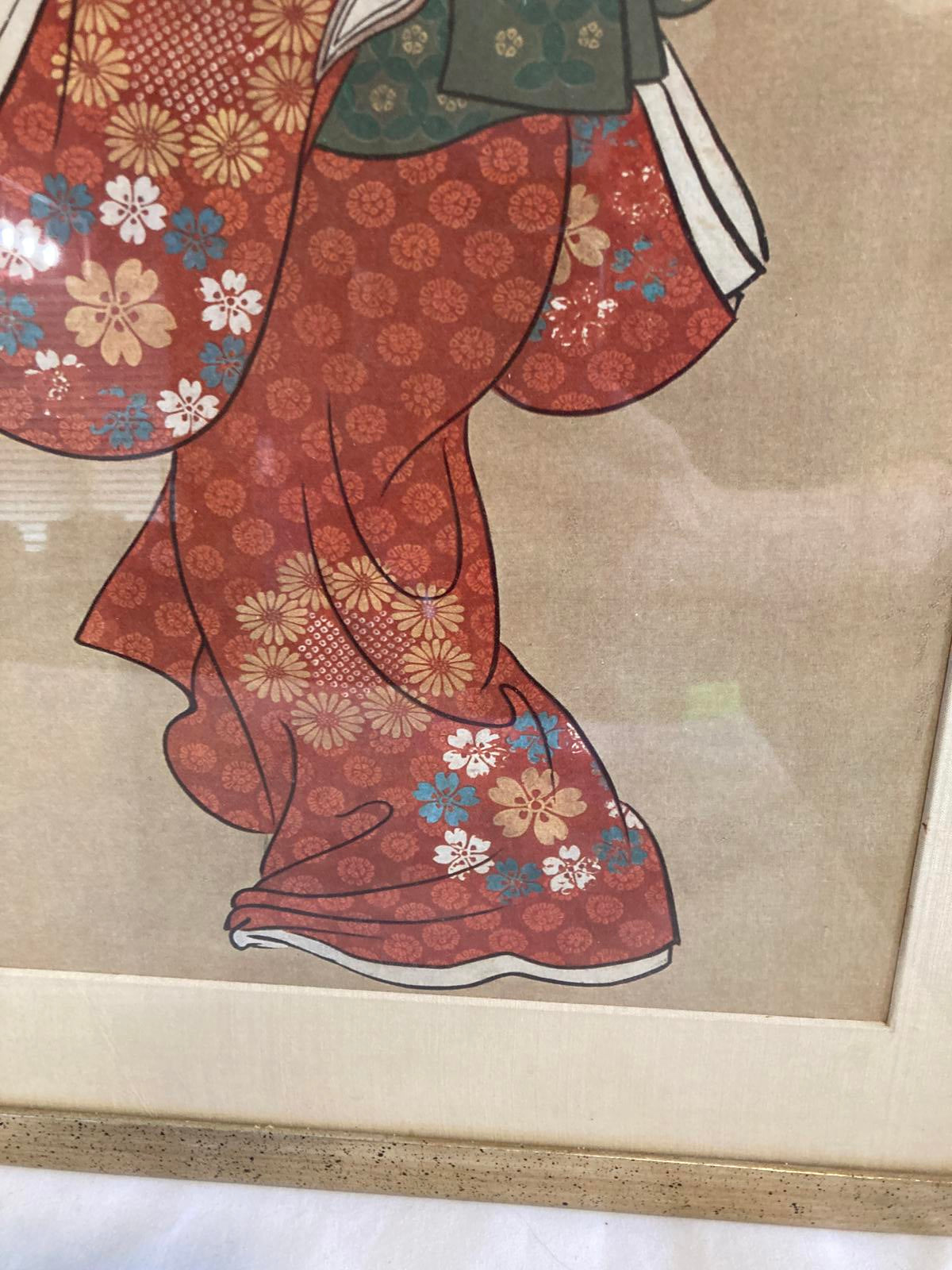 2 Vintage Framed Japanese Woodblock Print Style Geisha Art Kimono Wall Art