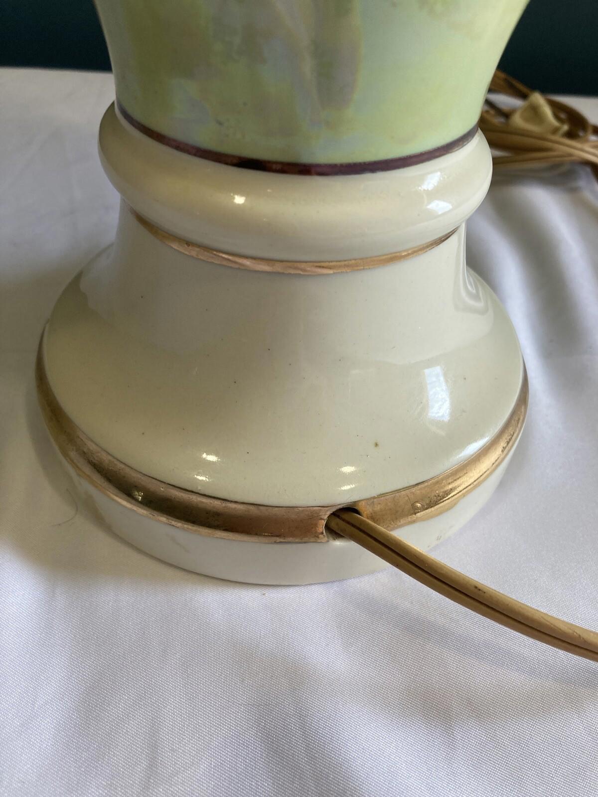Vintage Hand-Painted Green & Gold Floral Ceramic Urn Lamp Victorian Style