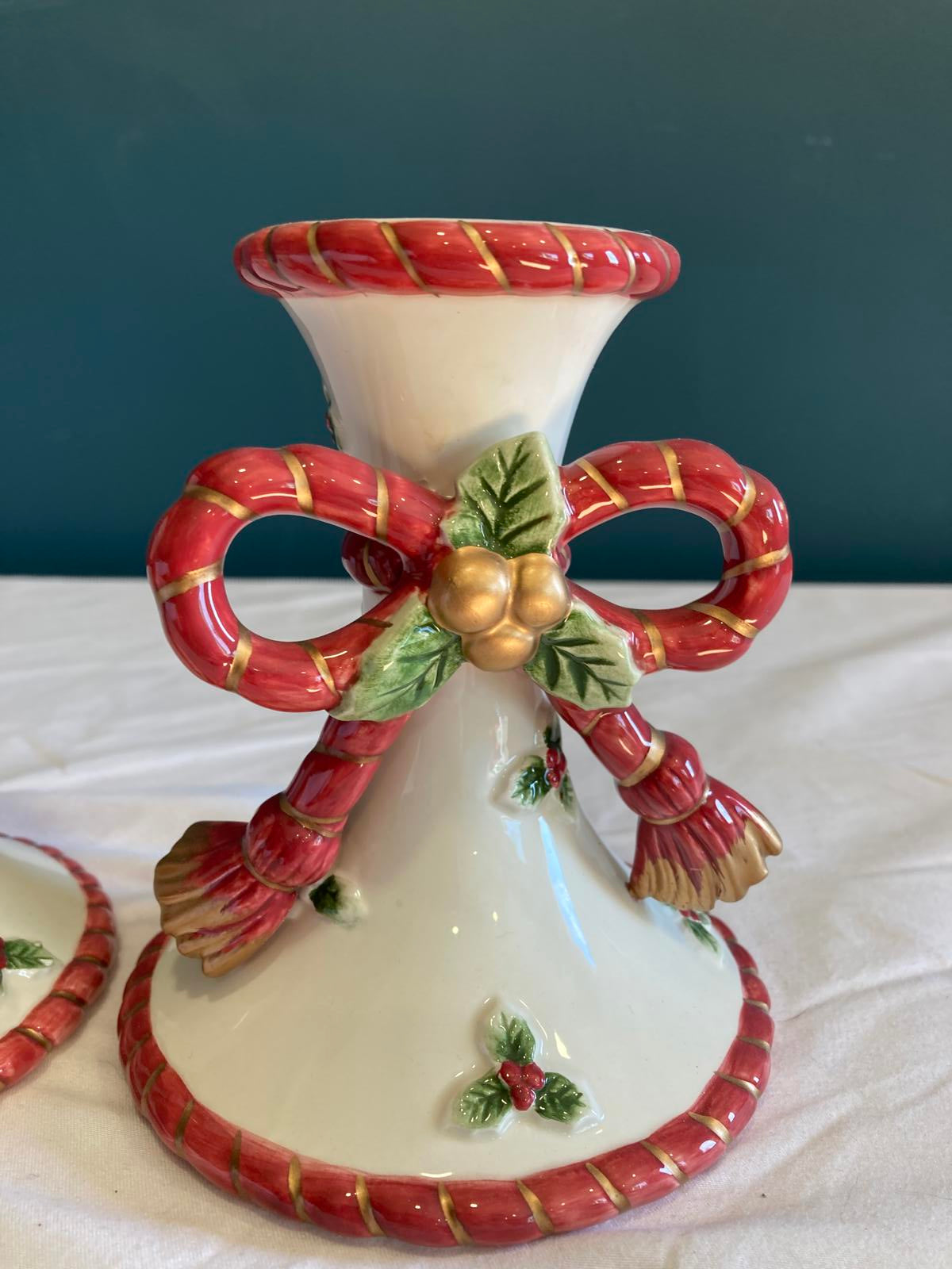 Vintage Fitz & Floyd Christmas Bow Ceramic Candlesticks