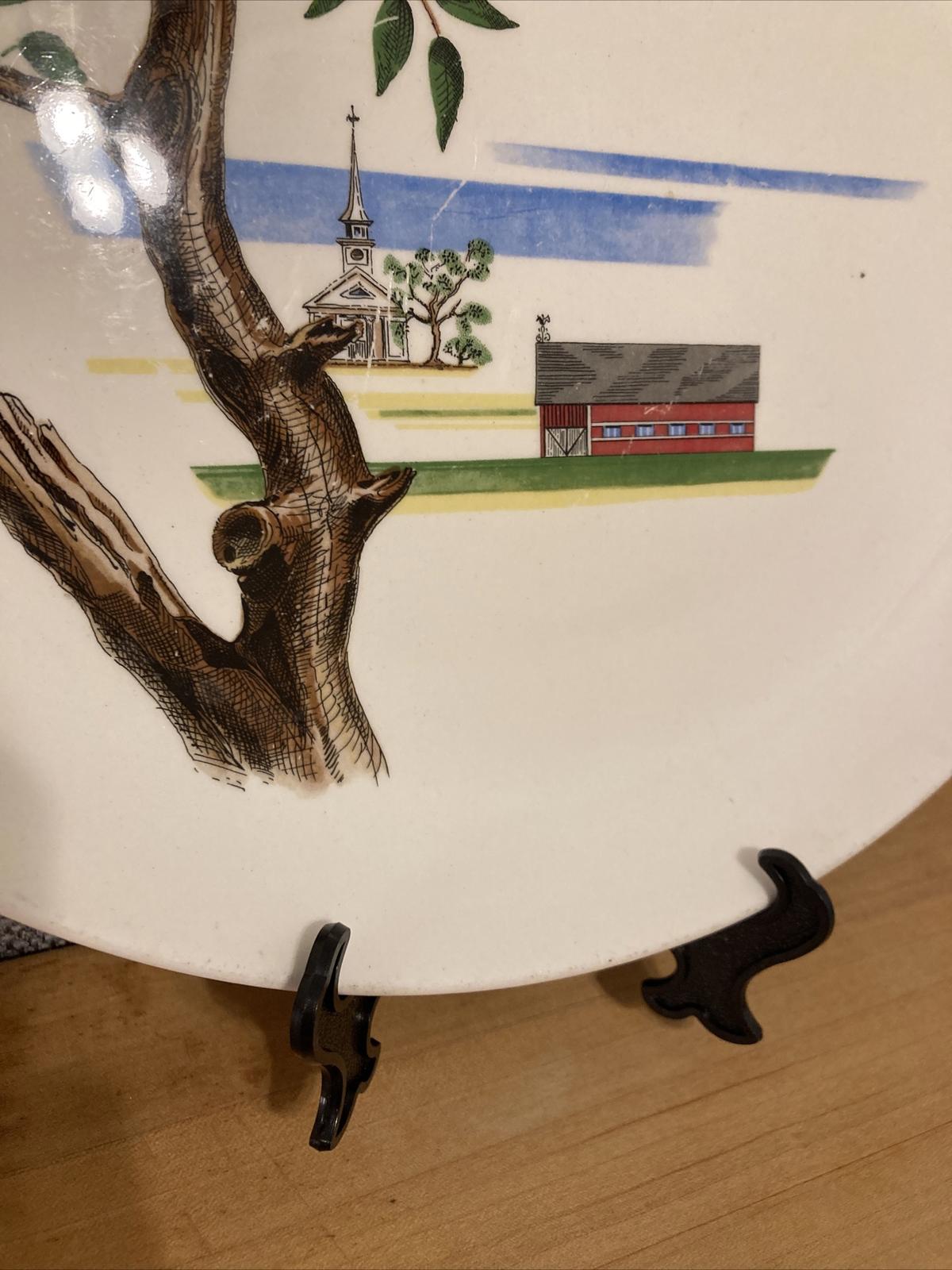 1949 Santa Anita Ware Hand-Painted Plate–Barn & Church Scene–12" Americana Plate