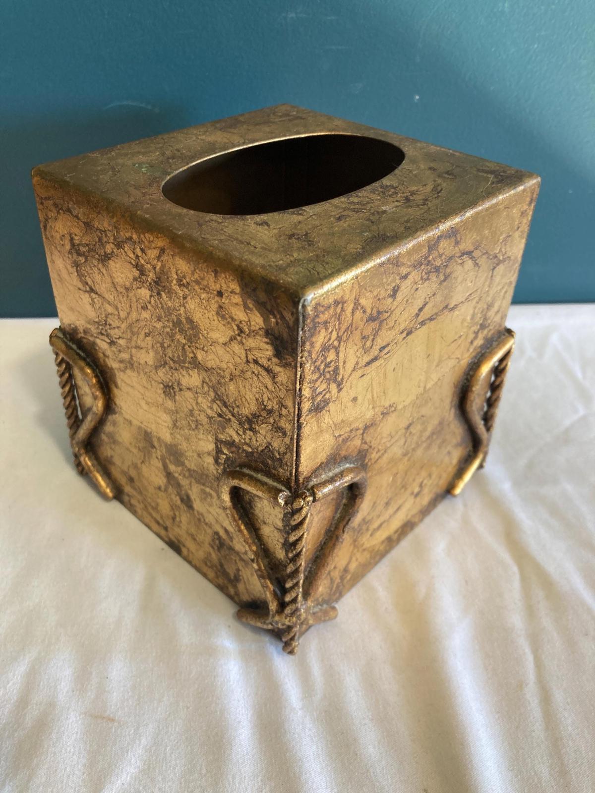 Vintage Gold Tissue Box With Twisted Metal Rope Edges