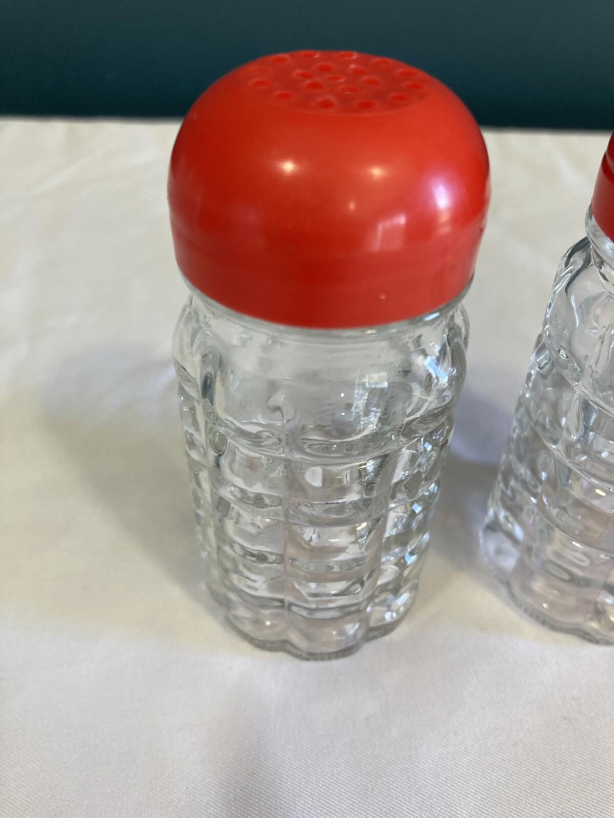 Vintage 1960s Quilted Glass Salt & Pepper Shakers with Red Plastic Lids