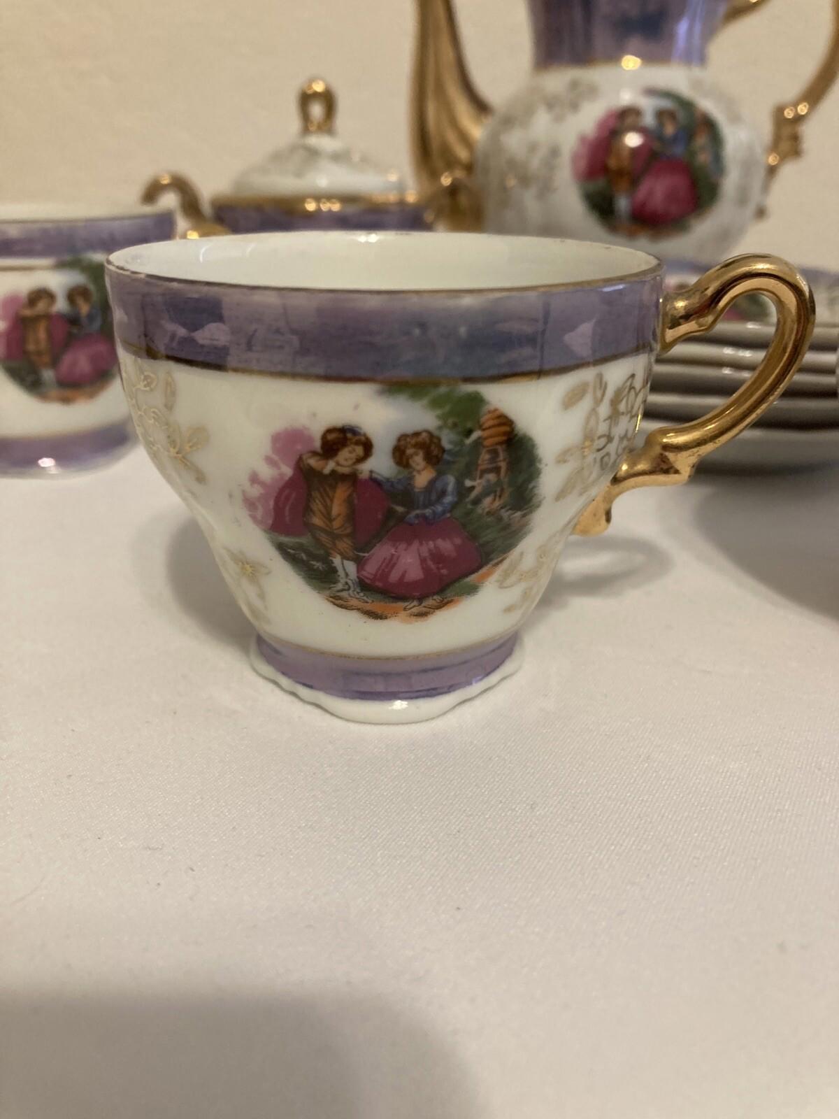 Vintage Arnart Japan Tea Set – Purple, Gold & White Courting Couple – 15 Piece Set