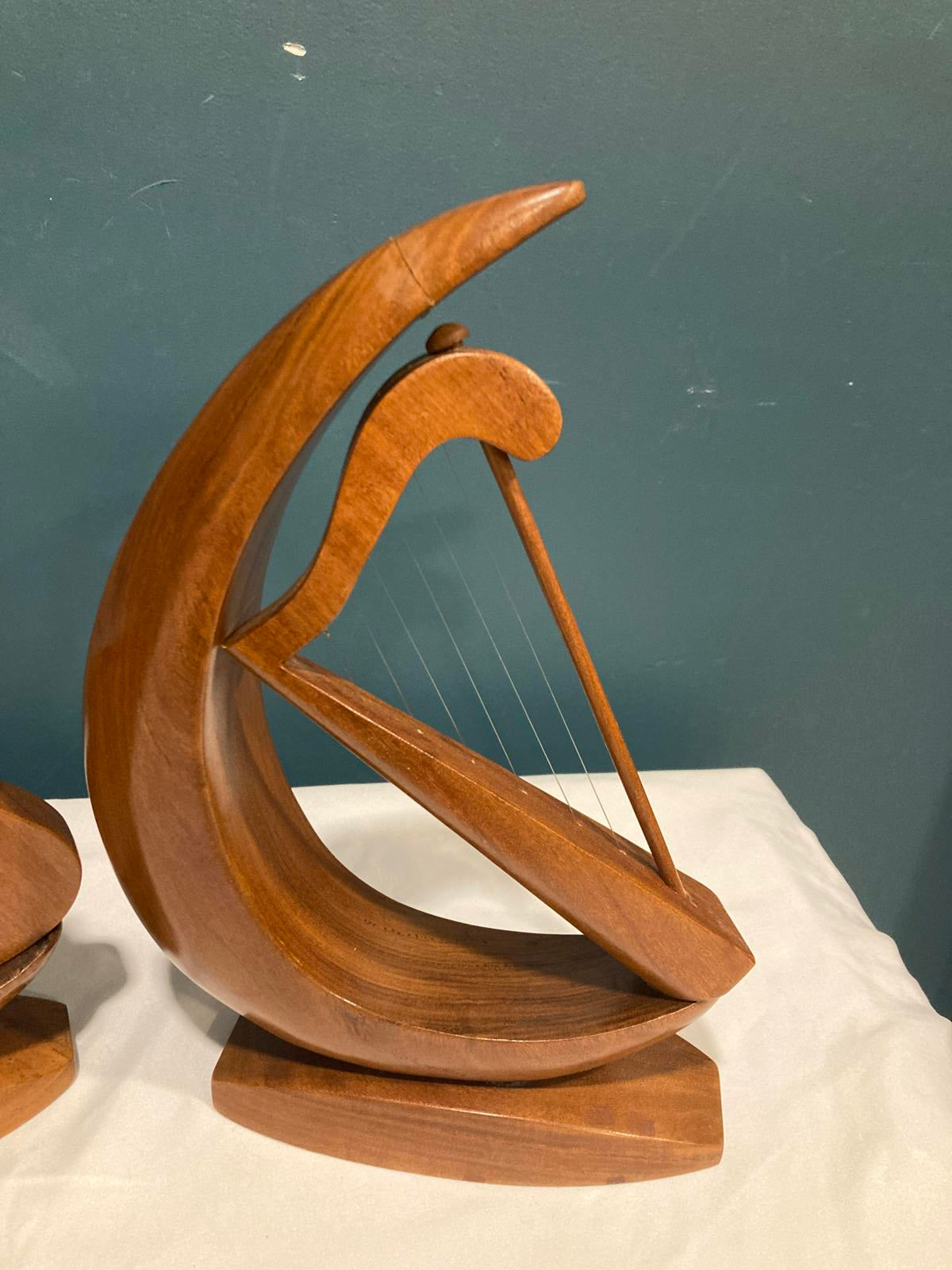 Vintage Wooden Harp & Guitar Bookends or Sculptures