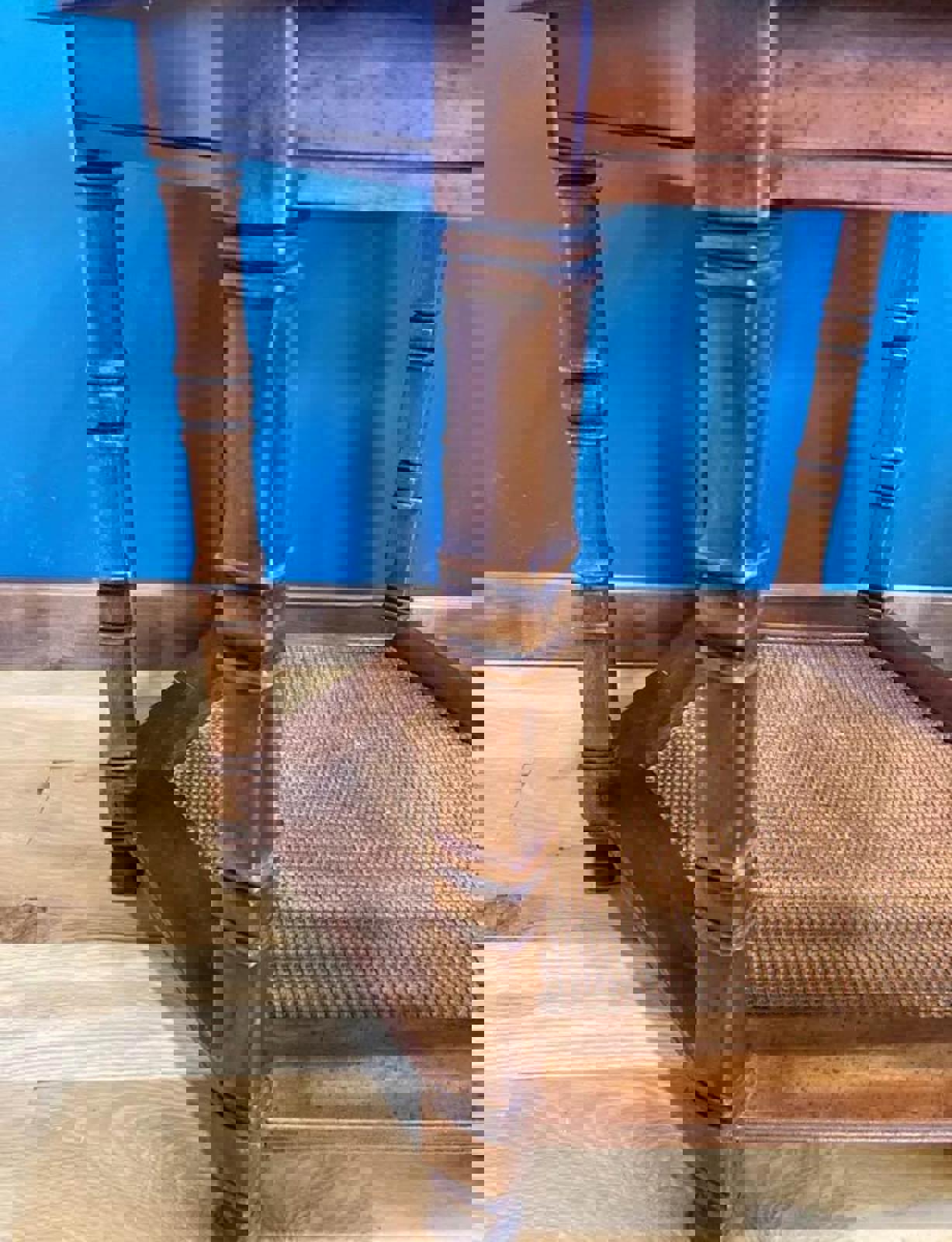 Midcentury Glass Topped Side Table with Cane Shelf