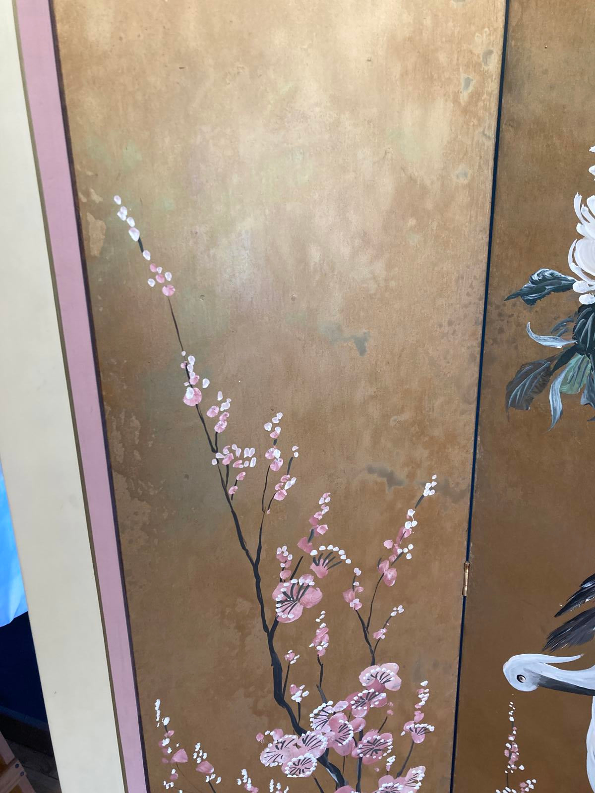 Midcentury Lucien Leinfelder Hand Painted Wood Four-Panel Asian Screen
