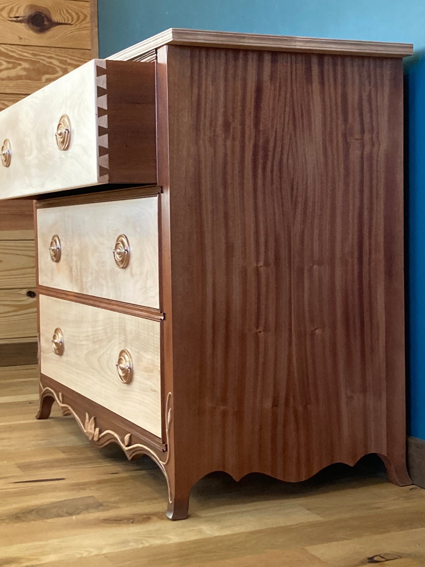 Handcrafted Mahogany & Maple 3-Drawer Dresser with Hand Carved Leaves