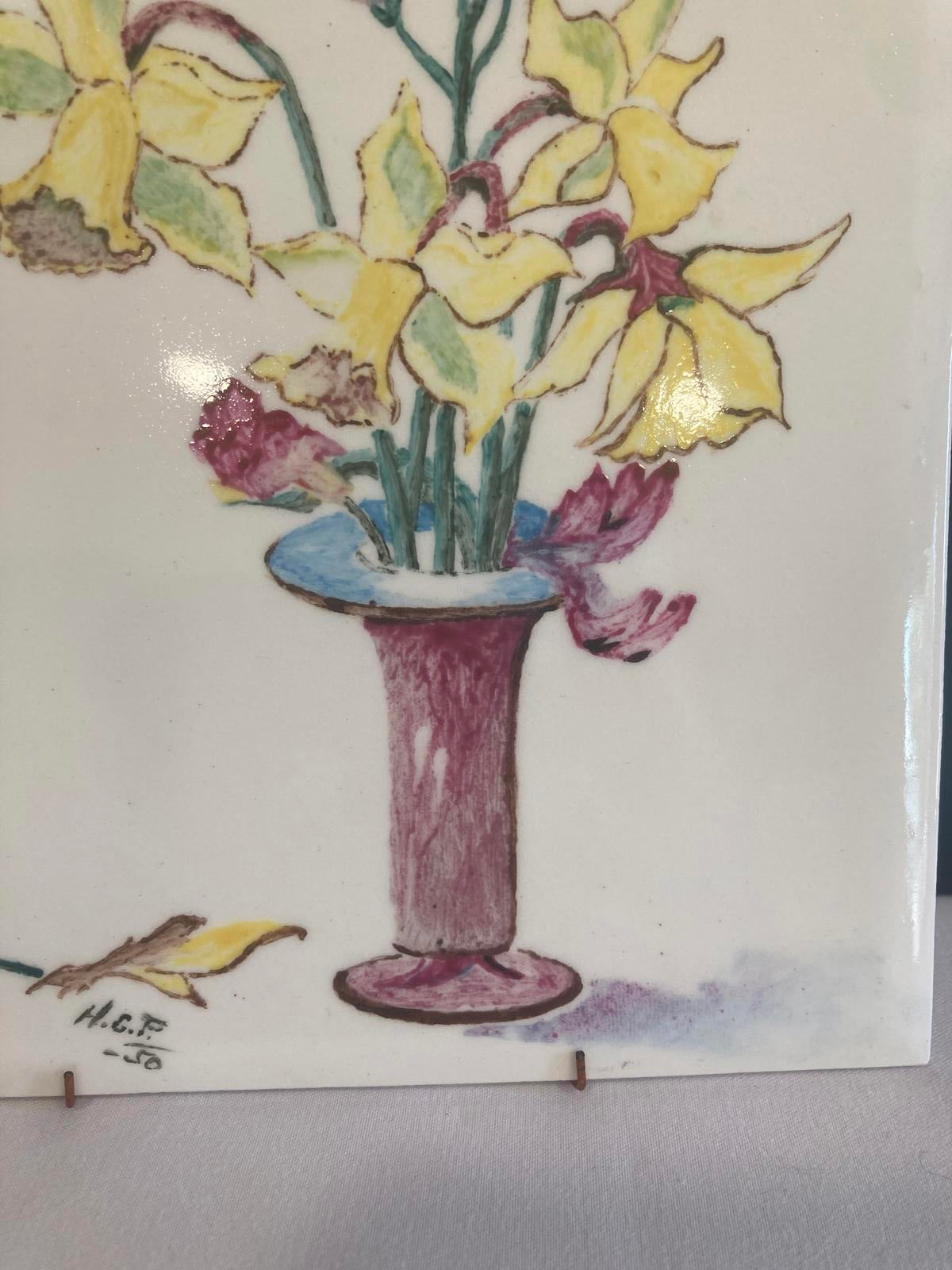 Hand Painted Floral Ceramic Tile 1950– Daffodils & Carnations Wall Art