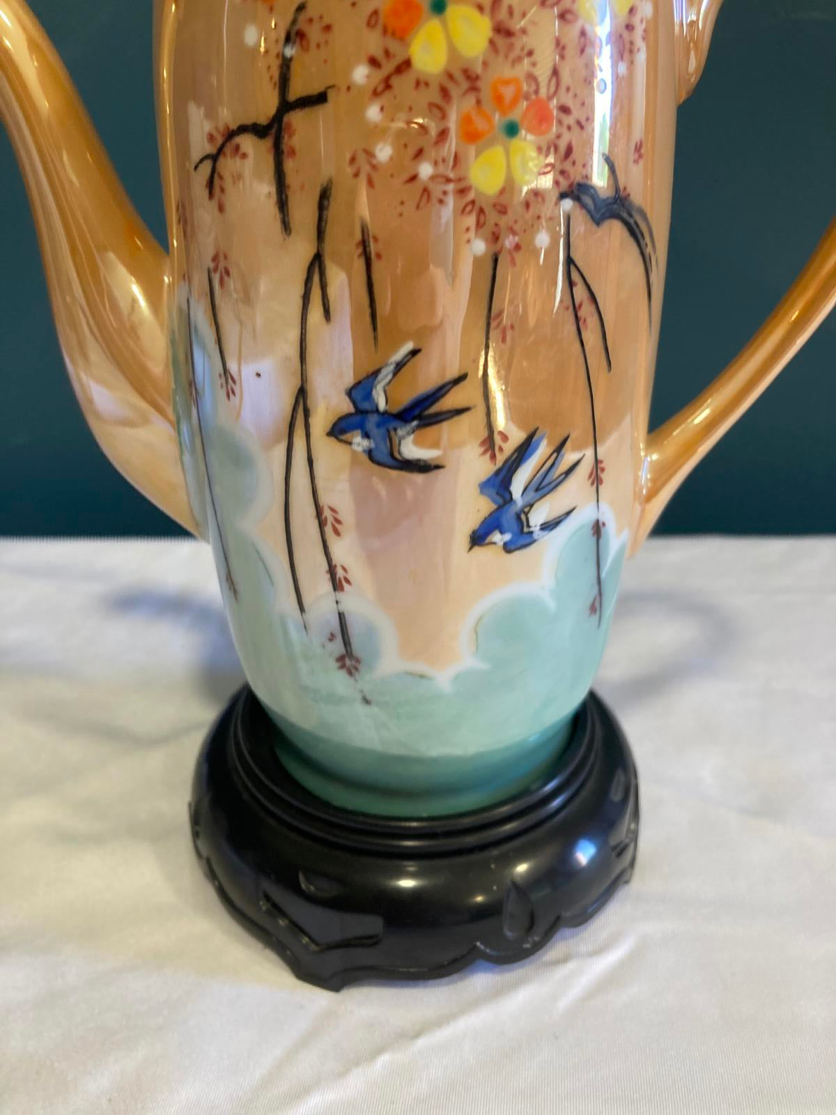 Vintage Hand Painted Porcelain Japanese Teapot with Swallow Birds