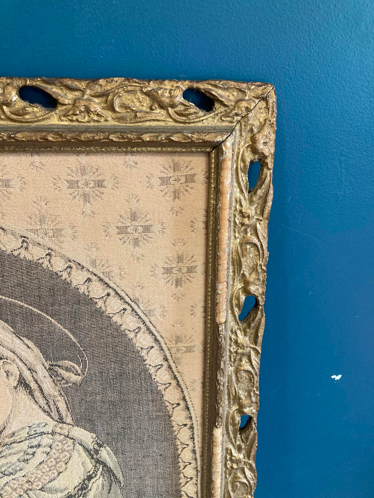 Antique Madonna and Child Framed Tapestry with Gold Frame