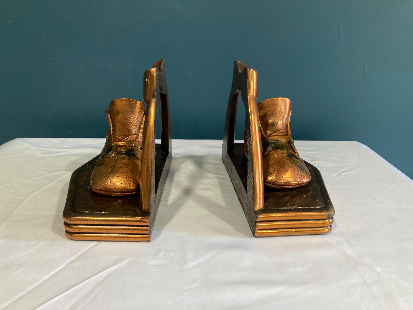 Vintage Cast Bronze Baby Shoe Bookends, Set of 2