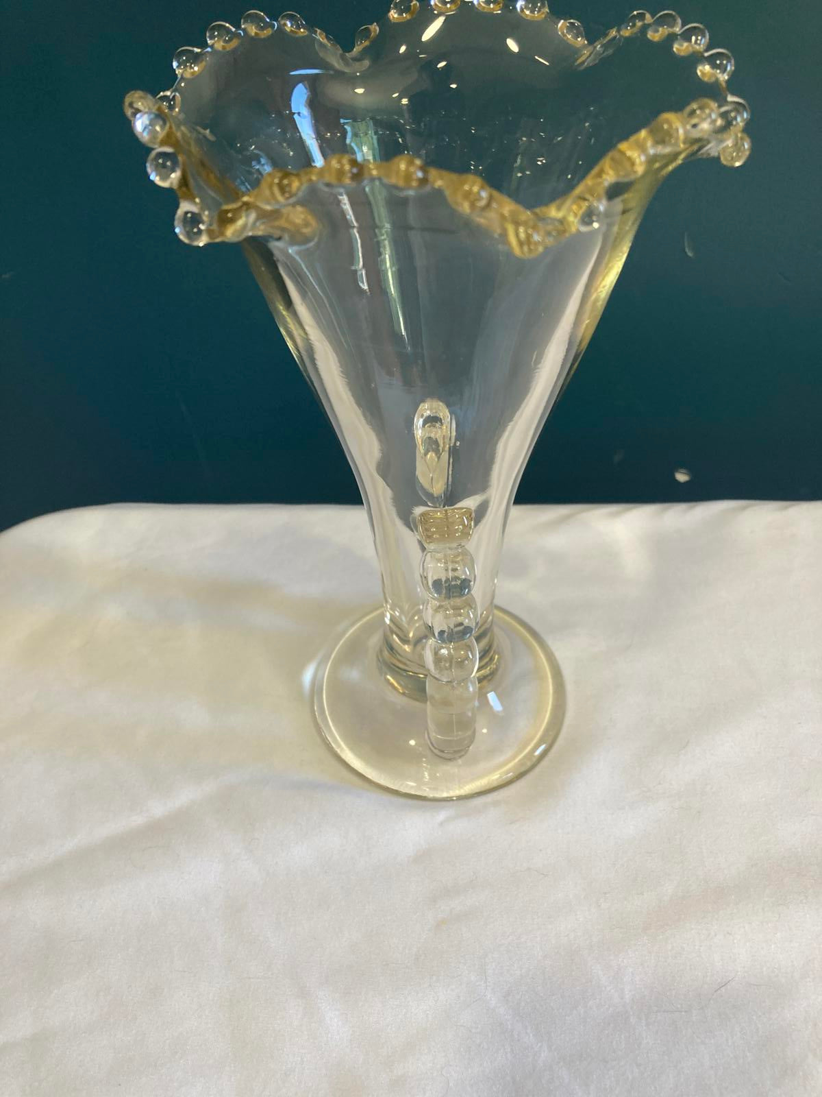Fenton Glass Vase with Beaded Ruffled Edge and Loop Handles