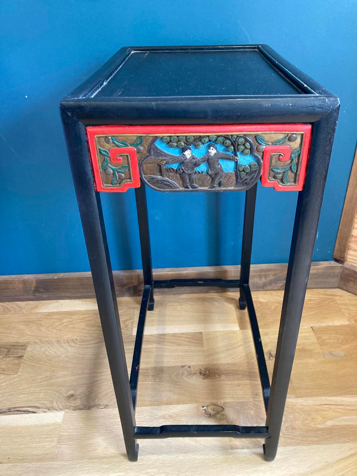 Vintage Asian Accent Table with Carved Painted Scene | Red & Black Lacquer Finish | Vintage Finds