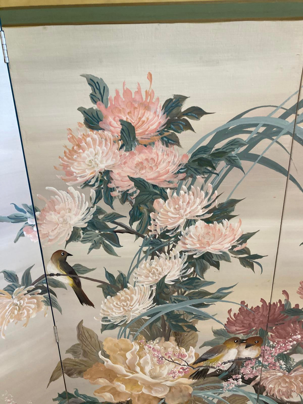 Midcentury Four Panel Wood Screen With Cranes Hand Painted by Lucien Leinfelder