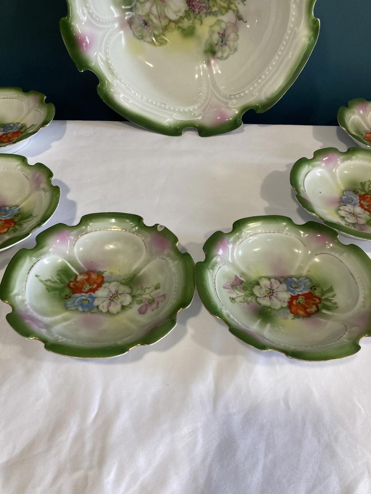 PRUSSIA Austrian Victorian LARGE DEEP SERVING BOWL W/6 Small Bowls SCALLOPED