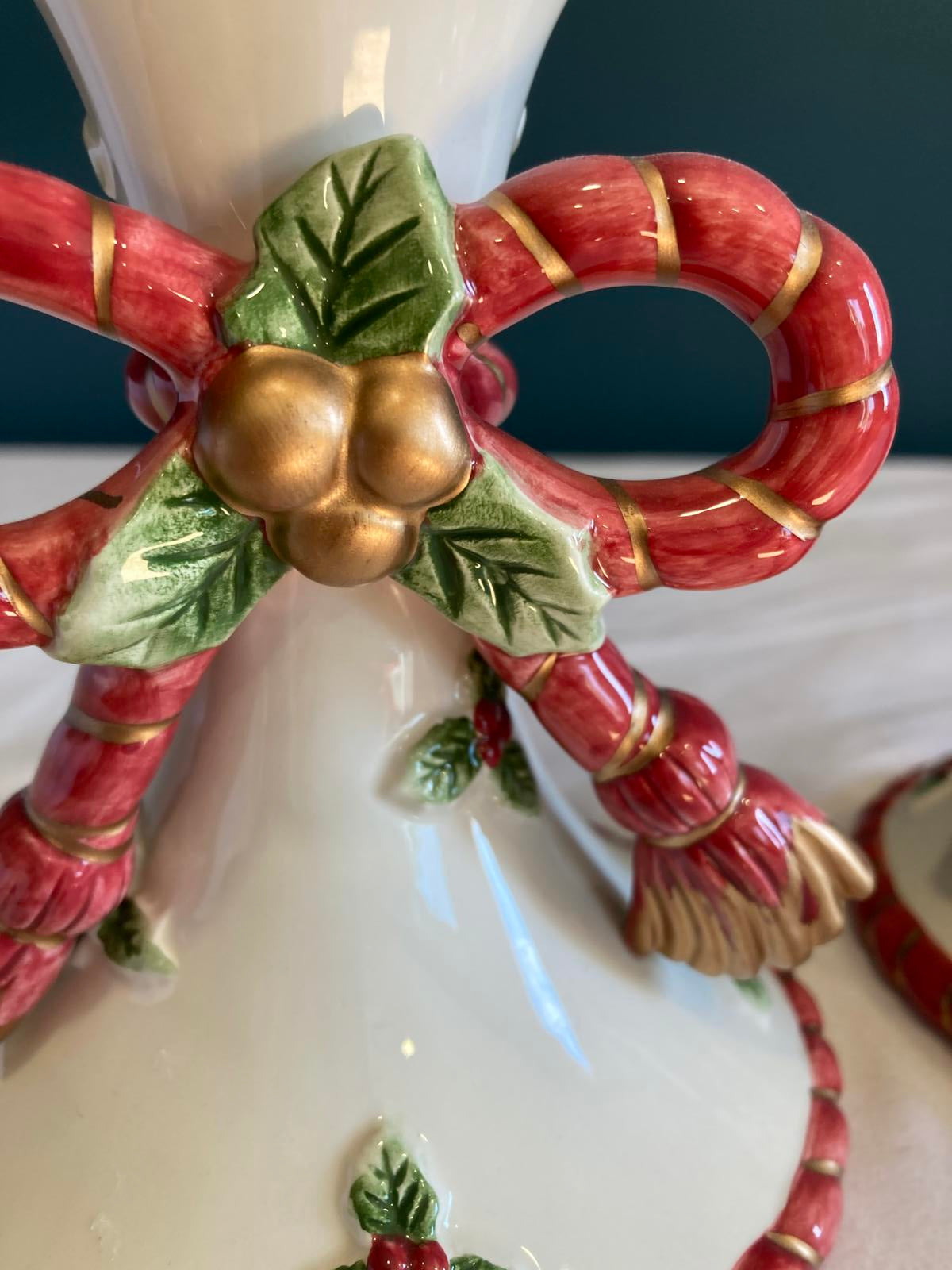 Vintage Fitz & Floyd Christmas Bow Ceramic Candlesticks