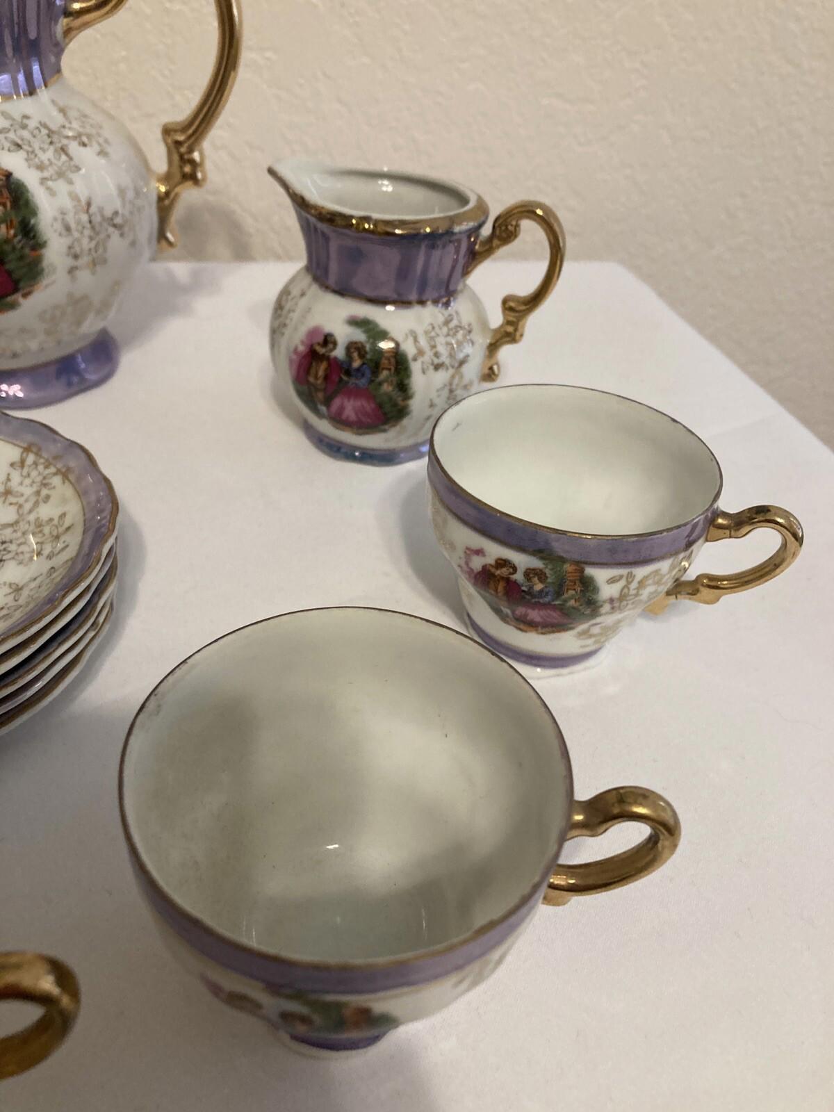 Vintage Arnart Japan Tea Set – Purple, Gold & White Courting Couple – 15 Piece Set
