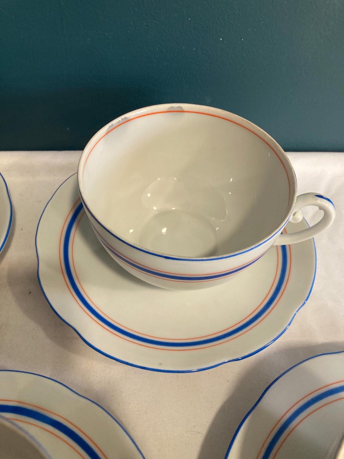 Vintage Orange & Blue Stripe Czechoslovakian Tea Cups, Set of 6