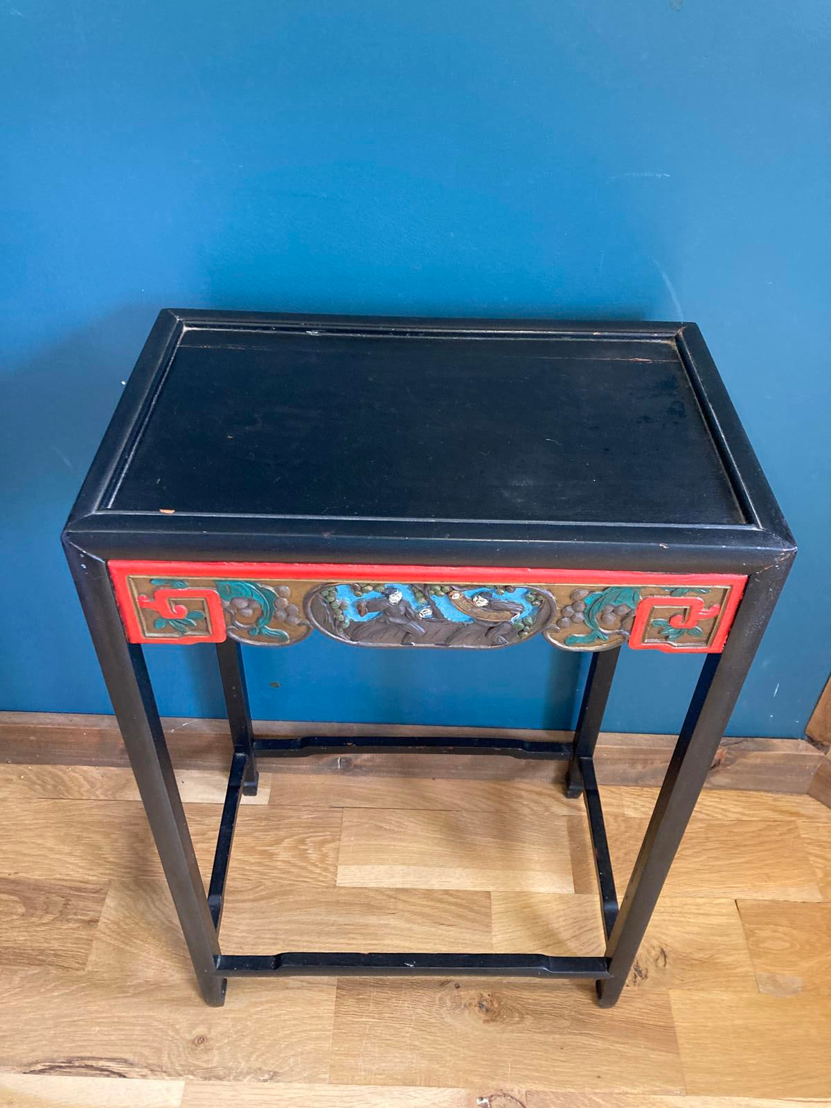 Vintage Asian Accent Table with Carved Painted Scene | Red & Black Lacquer Finish | Vintage Finds