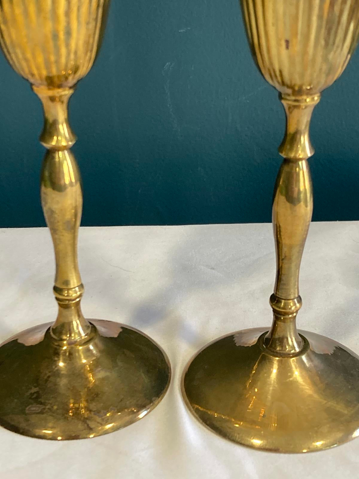 Vintage Brass Champagne Flutes – Ribbed Gold Goblets, Set of 2
