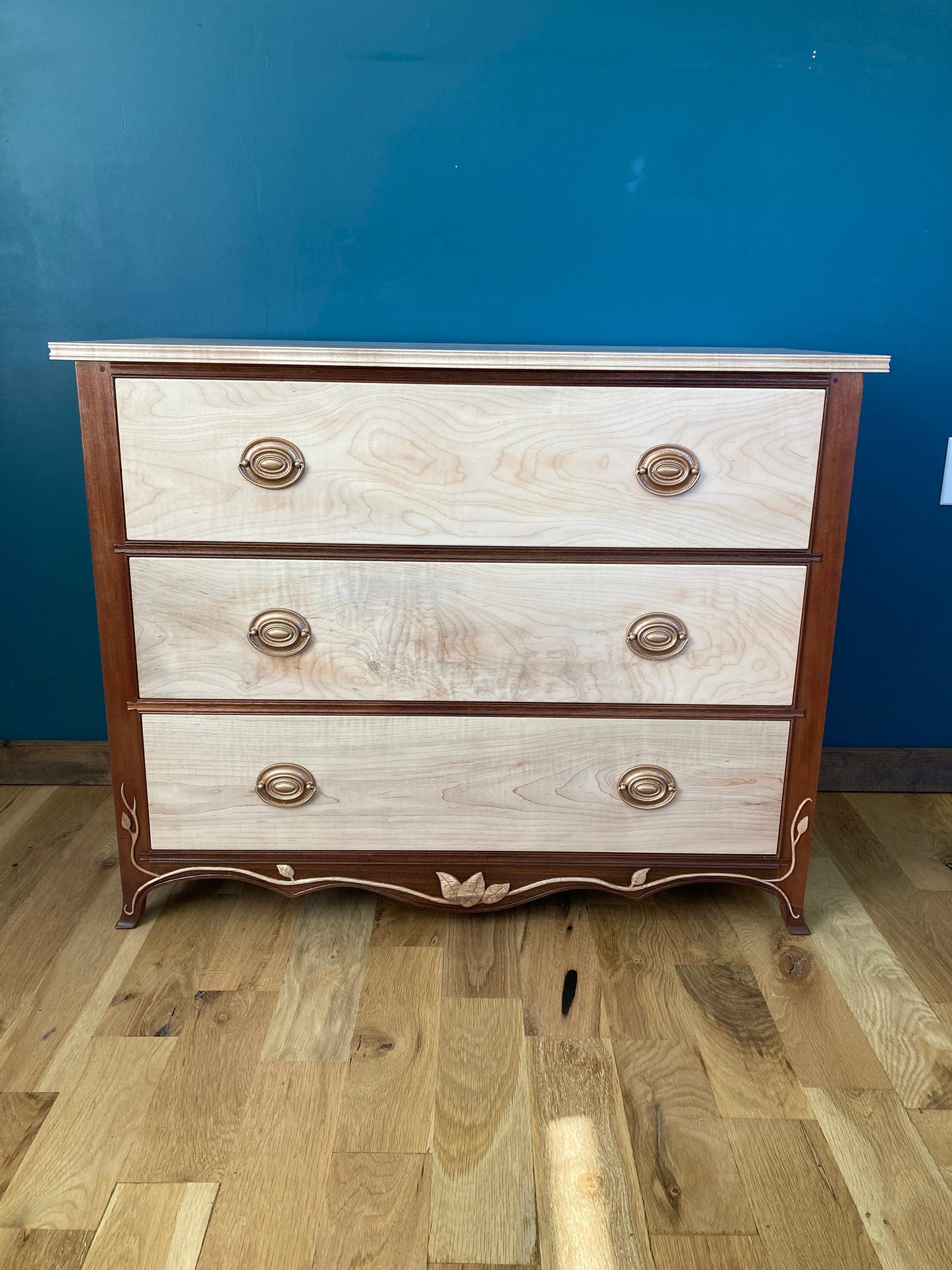 Handcrafted Mahogany & Maple 3-Drawer Dresser with Hand Carved Leaves