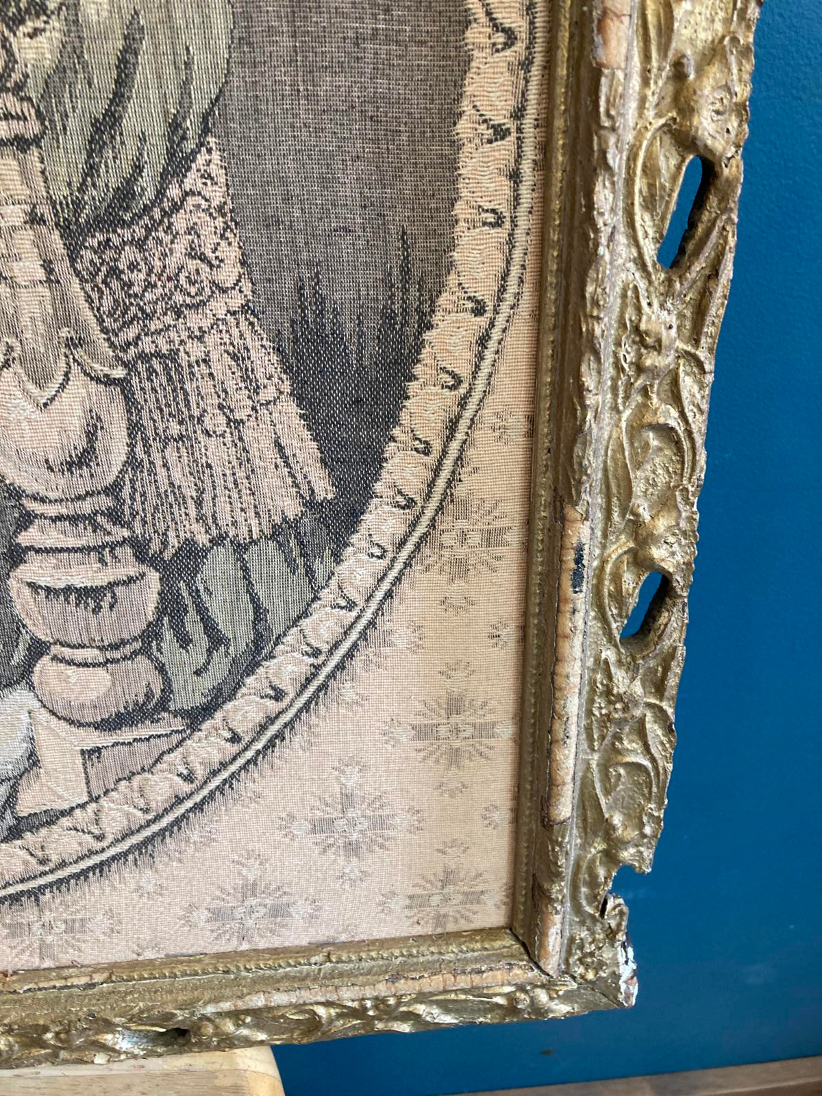 Antique Madonna and Child Framed Tapestry with Gold Frame