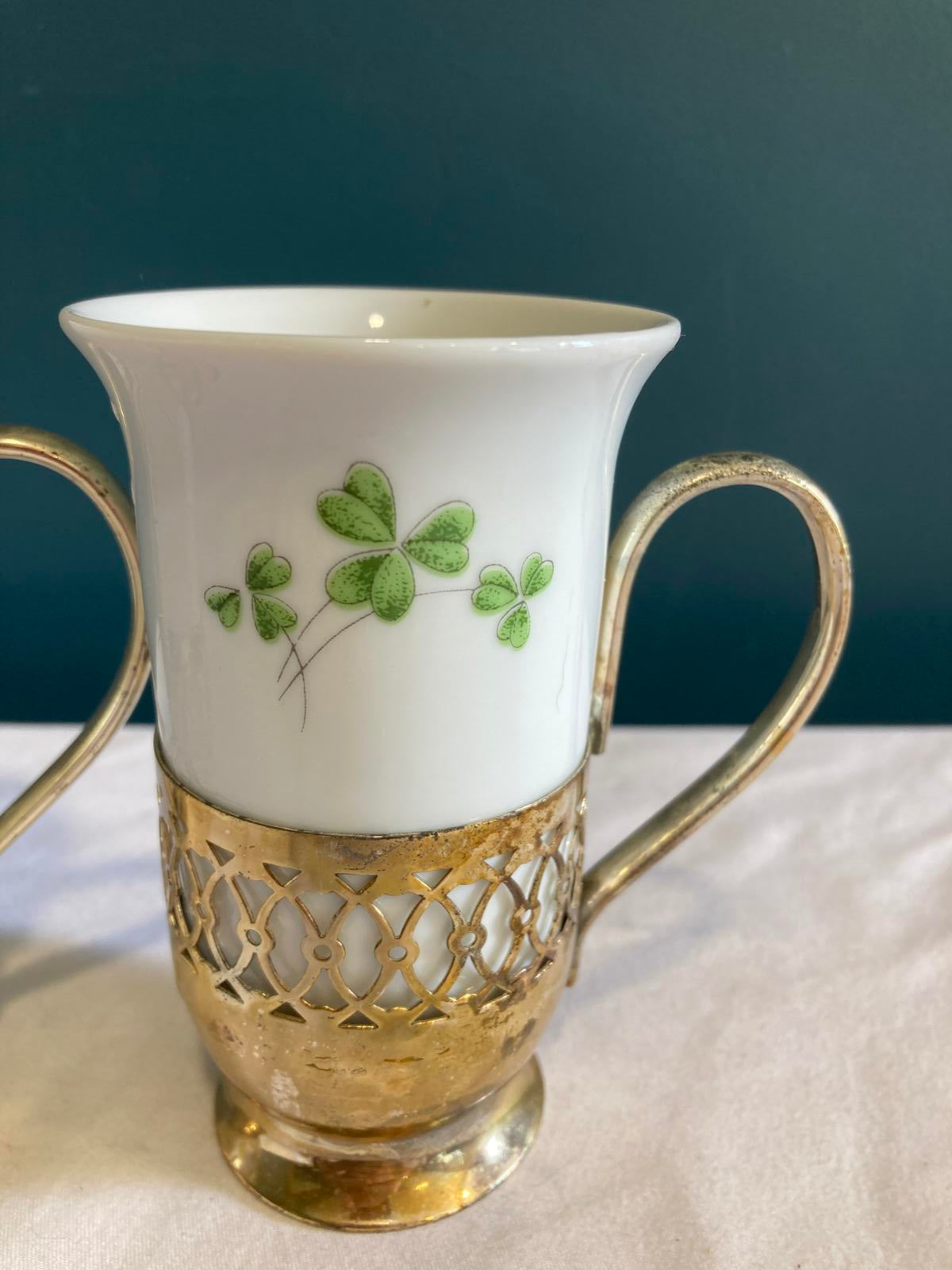 Vintage Shamrock Porcelain Mugs with Silver Holders, Irish Coffee Cups