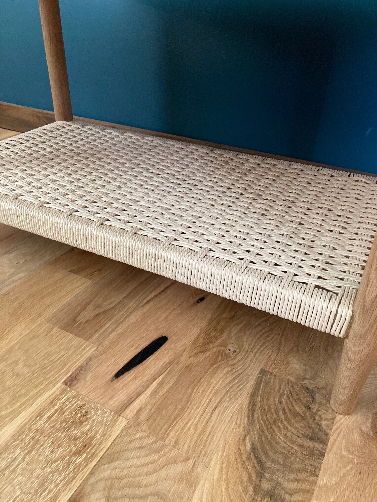 Handcrafted Solid Oak Danish Modern Coffee Table With Danish Paper Cord Shelf