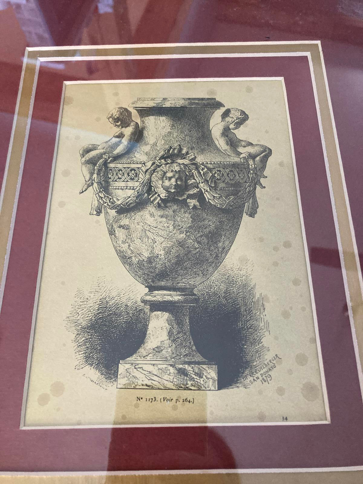 Vintage Framed Urn Prints Artwork, Set of 2