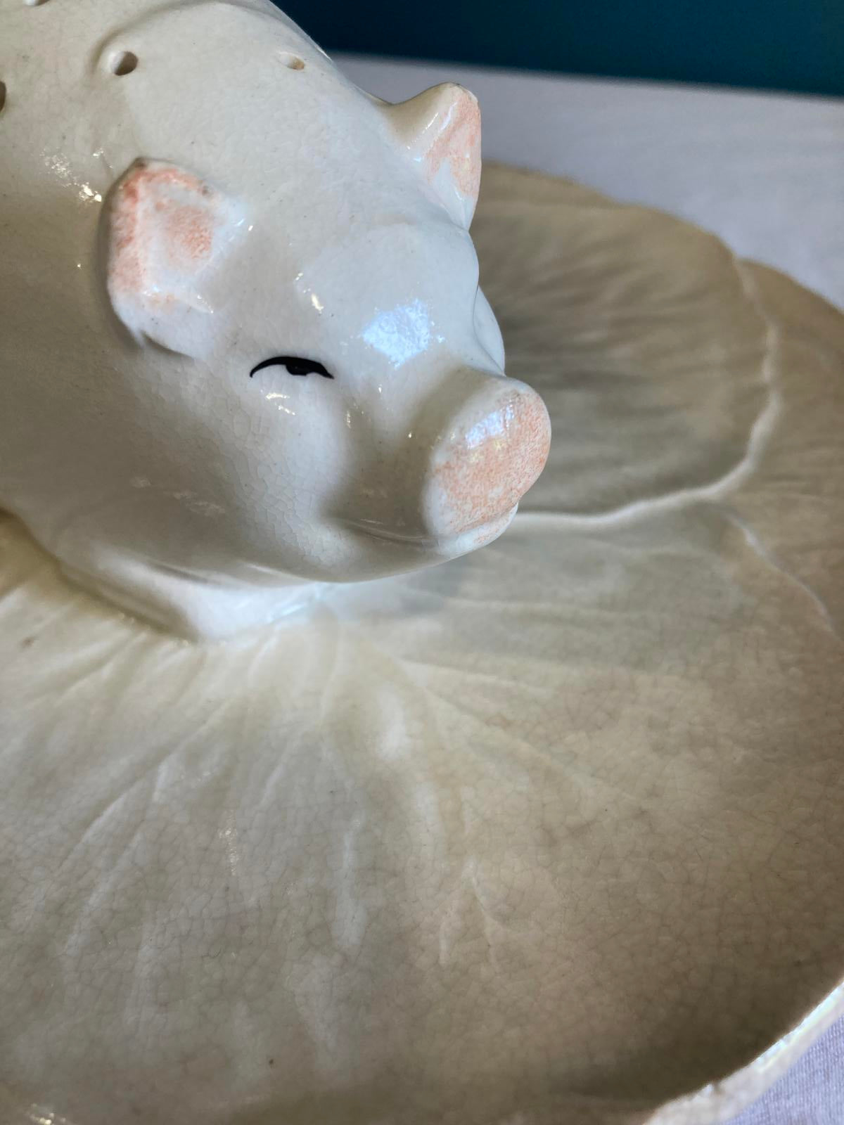 Vintage Ceramic Pig Canapé Holder on Leaf Dish