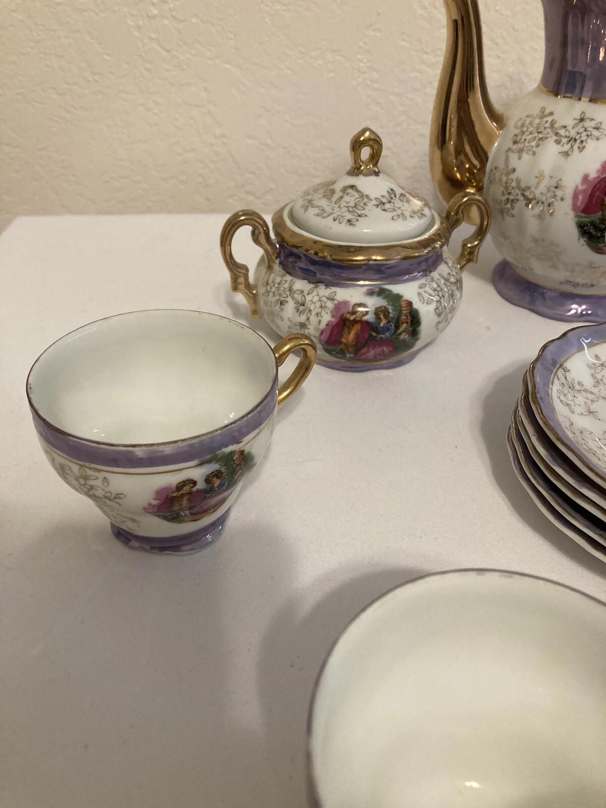Vintage Arnart Japan Tea Set – Purple, Gold & White Courting Couple – 15 Piece Set