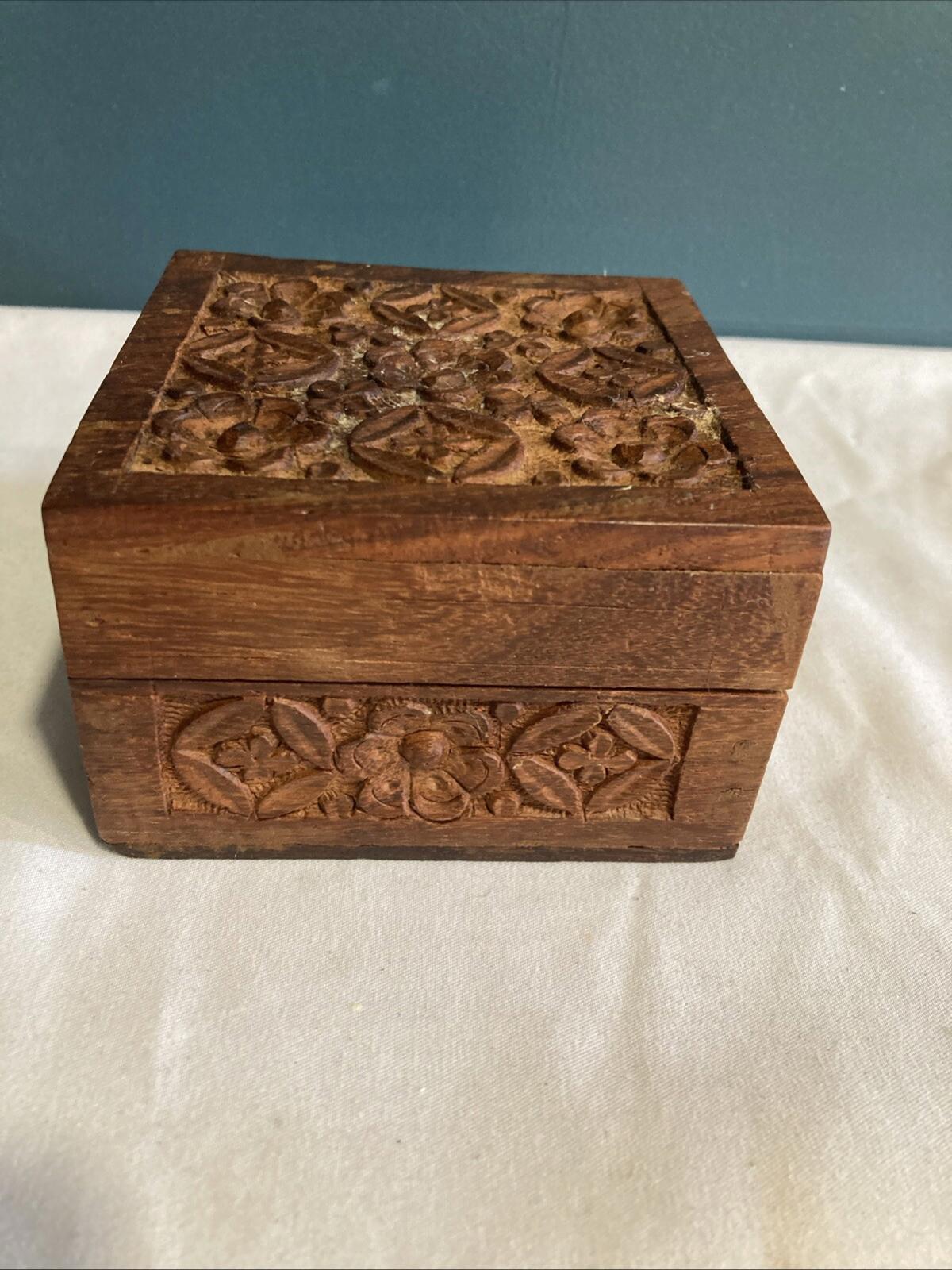 Vintage Carved Wood Trinket Box with Purple Velvet Lining – Made in India
