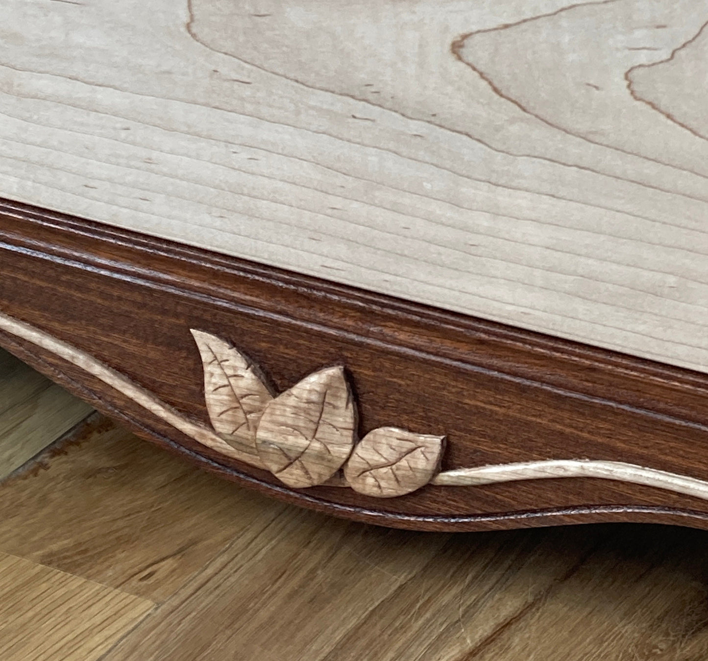 Handcrafted Mahogany & Maple 3-Drawer Dresser with Hand Carved Leaves