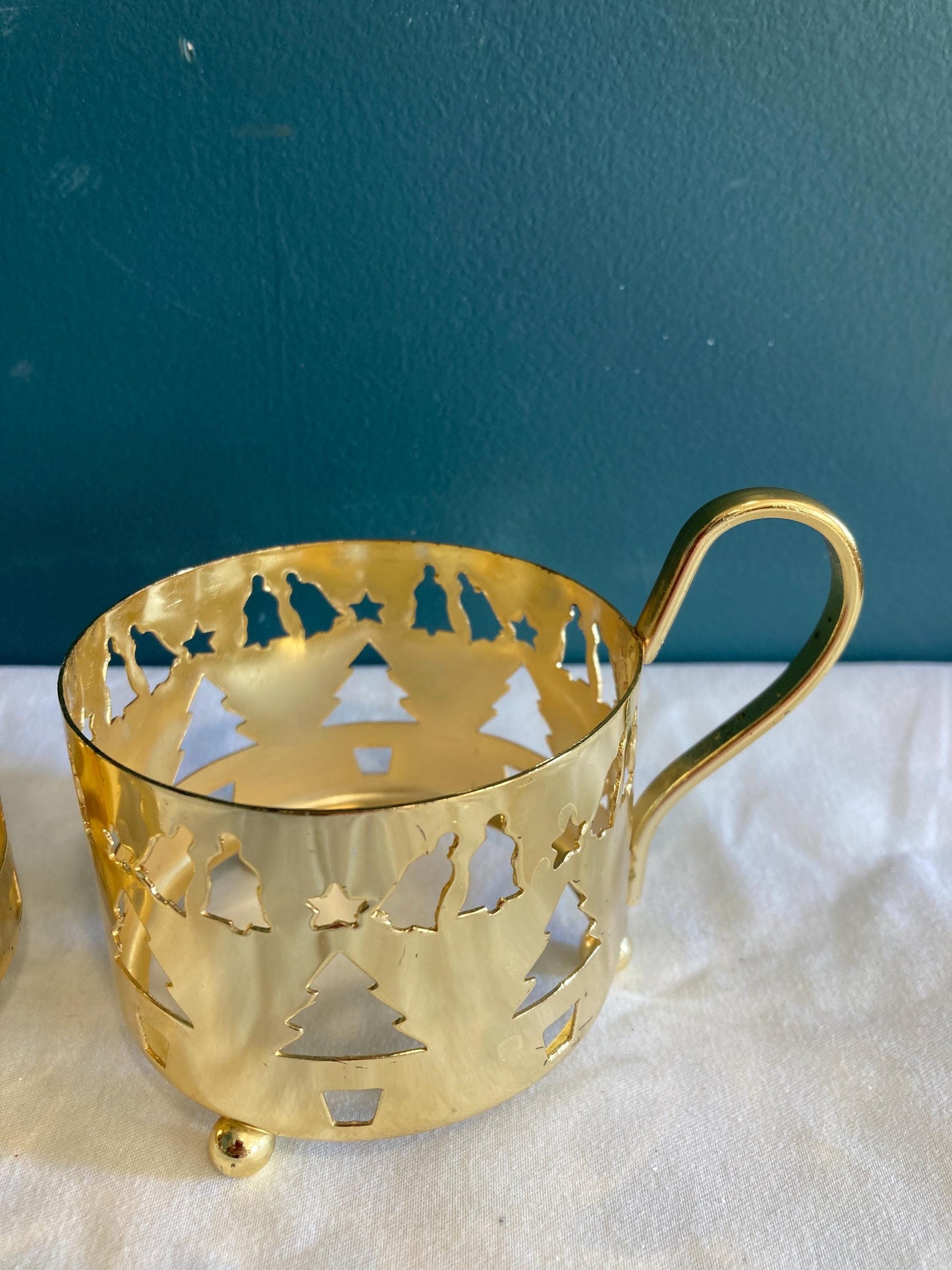 Vintage Gold Metal Cup Holders with Cutout Christmas Trees, Bells, & Stars, Set of 2