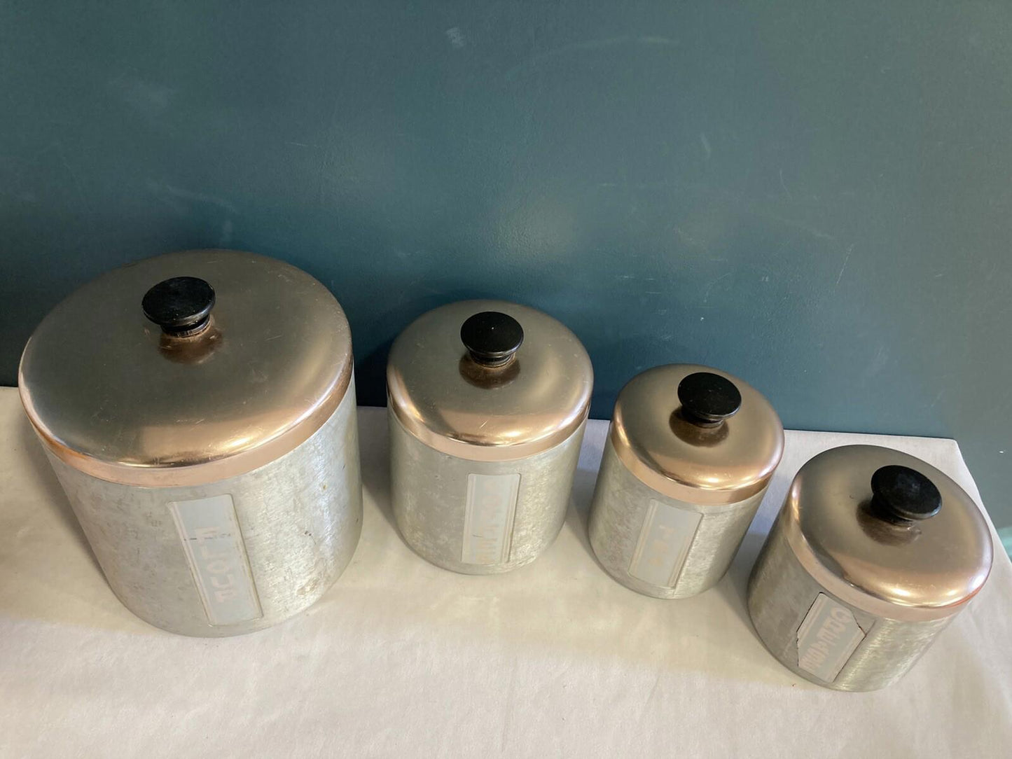 4 Vintage Maid of Honor Copper Aluminum Canisters –Flour Sugar Coffee Grease Set