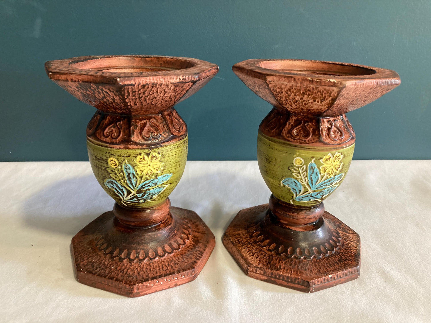 Vintage Hand Painted Ceramic Floral Candleholders