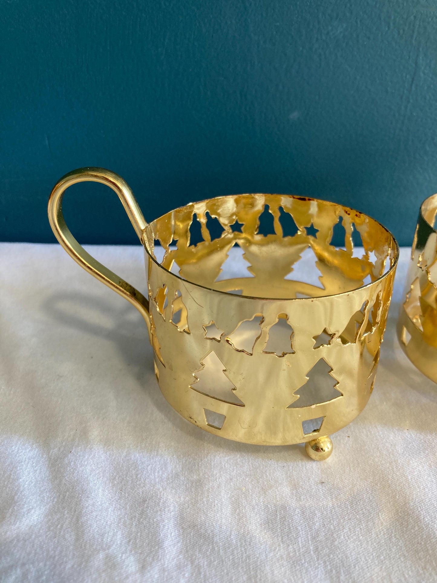 Vintage Gold Metal Cup Holders with Cutout Christmas Trees, Bells, & Stars, Set of 2