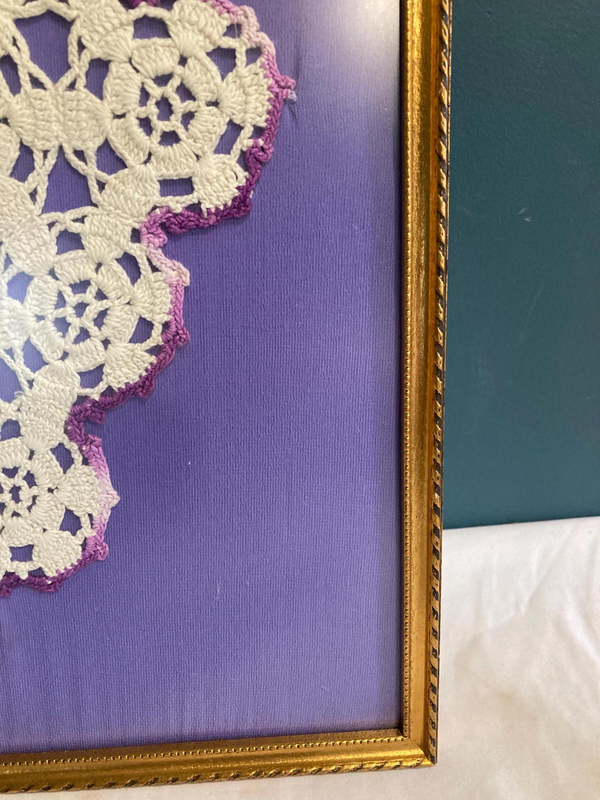 Vintage Handmade White Doily Lace with Purple Edges Framed