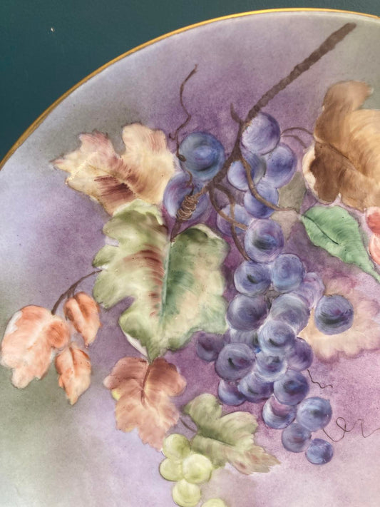 Vintage Hand-Painted Grapes Plate 12" Porcelain Wall Decor Signed