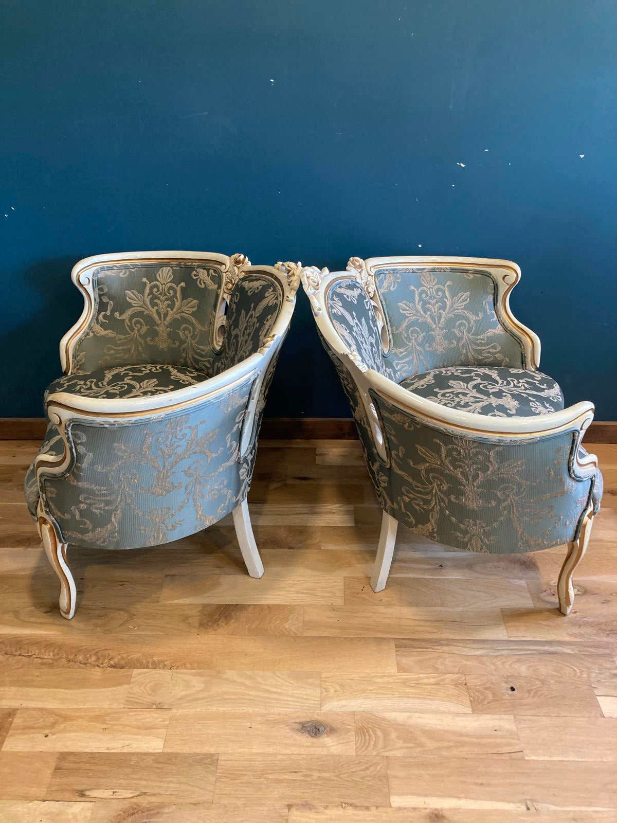 Pair of French Louis XV Style Bergère Chairs With Green Damask Upholstery