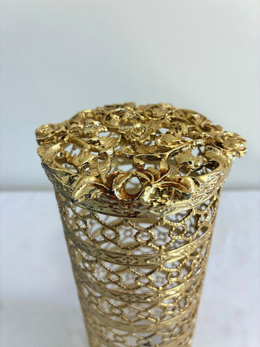 Vintage Gold Filigree Bottle Cover by Karew, Hollywood Regency Rose Filigree