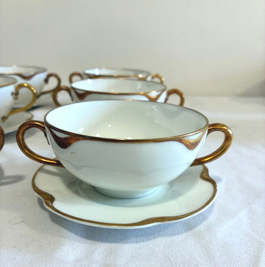 Antique Haviland & Co Gold Rim Bouillon Cups & Saucers Set of 9 French Porcelain