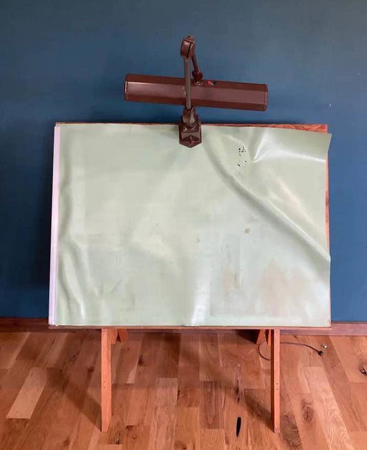Mid-Century Oak Drafting Table With Adjustable Lamp – Vintage Artist Desk